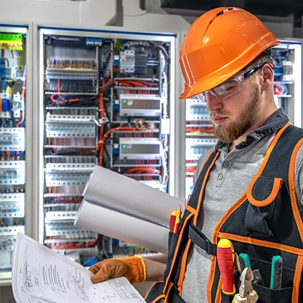 Operaio al lavoro su uno schema progettuale elettrico