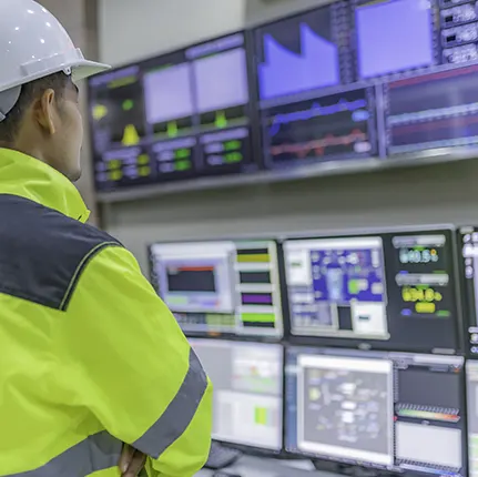 Un ingegnere monitora i sistemi di sicurezza su diversi monitor