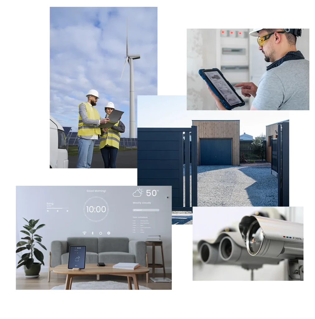 Collage di foto che illustrano servizi di automazione, efficienza energetica, videosorveglianza, domotica, impianti elettrici
