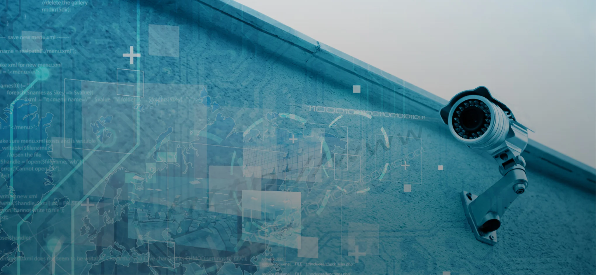 Sicurezza e videosorveglianza - immagine esplicativa con dati computerizzati e telecamera